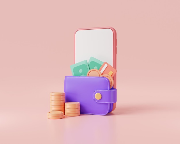 Concepto de negocio financiero Transferencia de dinero de la billetera al teléfono móvil Pago en línea Transacción en línea Banca móvil Ahorro de dinero devolución de dinero transferencia de dinero en línea icono 3d render ilustración