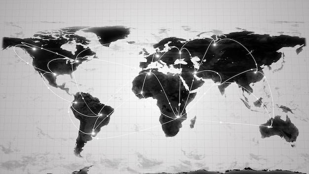 Concepto de negocio global de conexiones y transferencia de información en el mundo en blanco y negro ilustración 3d