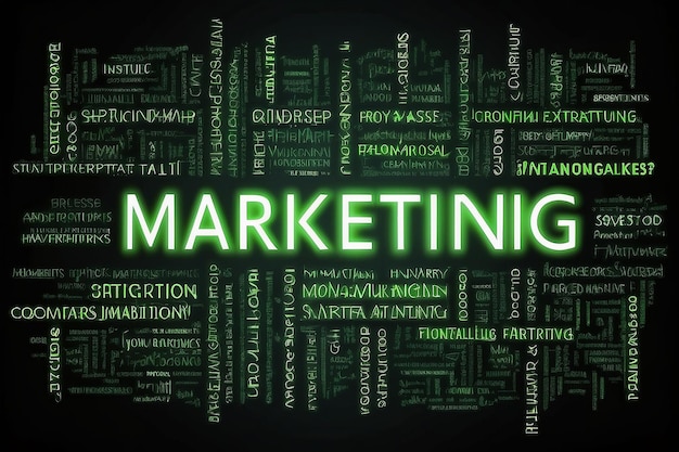 Concepto de negocio de marketing digital La palabra en color verde claro en un fondo digital oscuro