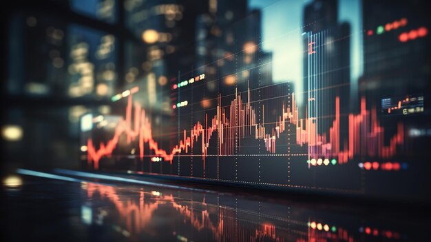 Concepto de negocio del mercado de valores con gráfico financiero y megalópolis Comercio de inversiones generado por IA