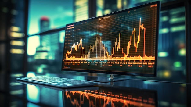 Concepto de negocio del mercado de valores con gráfico de operaciones financieras en la pantalla de la oficina generada por IA