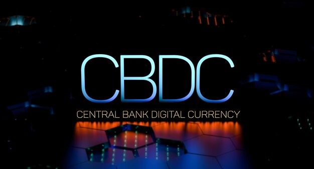 Concepto de negocio de moneda digital del banco central Acrónimo de texto CBDC neón con renderizado 3D borroso