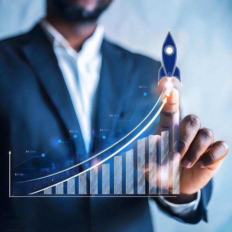 El concepto de negocio de puesta en marcha e inversión El hombre de negocios está tocando el gráfico de negocios en crecimiento