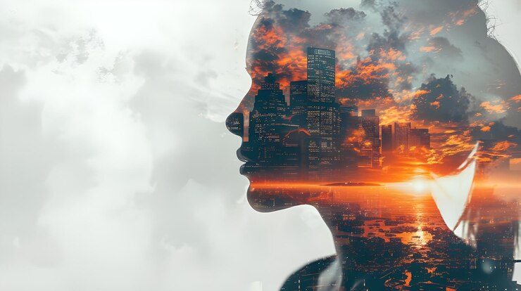 Concepto de negocios y economía en crisis personas con edificios y rascacielos doble exposición ilustración