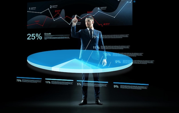 concepto de negocios, personas y estadísticas: hombre de negocios con traje que trabaja con un holograma de gráfico circular virtual sobre fondo negro