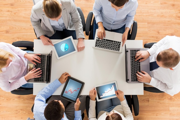concepto de negocios, personas y tecnología: cierre del equipo creativo con computadoras portátiles y tabletas que muestran gráficos en pantallas sentados en la mesa en la oficina