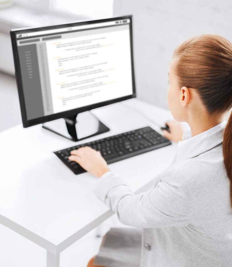 Foto concepto de negocios, personas, tecnología, programación y educación - mujer de negocios o estudiante con codificación en la pantalla de la computadora sentada en la mesa de la oficina