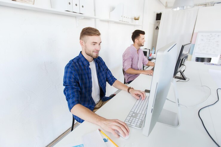 Foto concepto de negocios, tecnología, educación y personas - feliz joven creativo o estudiante con computadora en la oficina