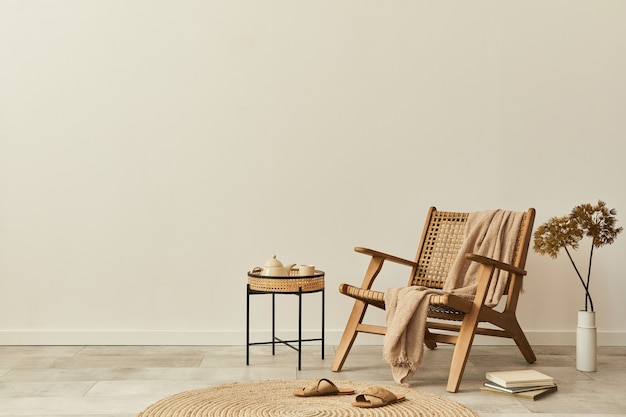 Concepto neutro de interior de salón con sillón de madera de diseño, alfombra redonda, flores secas en jarrón, zapatillas, decoración y elegantes complementos personales. Plantilla. Copie el espacio.