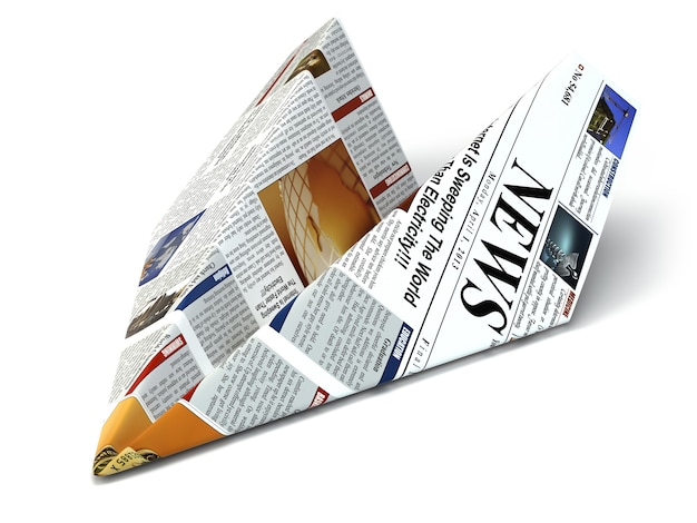 Concepto de noticias adicionales Periódico como avión de papel 3d