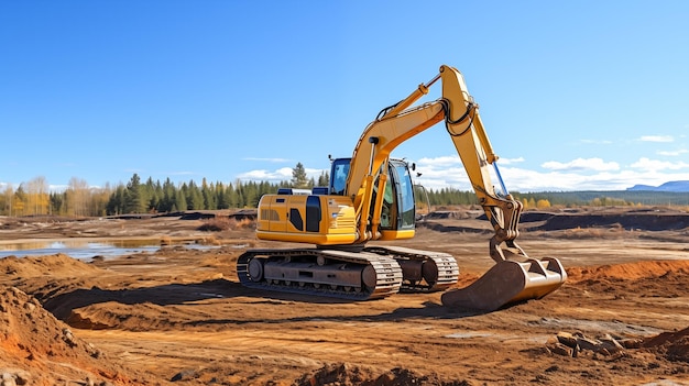 Foto concepto de nuevo proyecto inmobiliario lugar de construcción en un día soleado y una excavadora industrial excavando arena para poner los cimientos