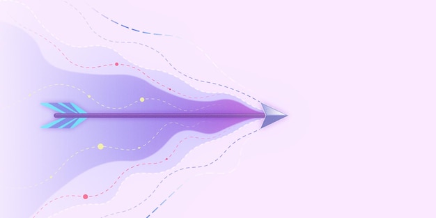 Concepto de objetivo objetivo con sombras púrpuras flecha voladora dejando un rastro de líneas en la representación 3D de fondo abstracto