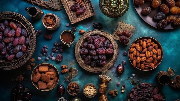 Foto concepto de ocasión eid alfitr con productos naturales de dátiles secos dulces y mejoras en una base brillante recurso creativo generado por ia