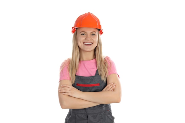 Concepto de ocupación mujer joven en uniforme aislado sobre fondo blanco.