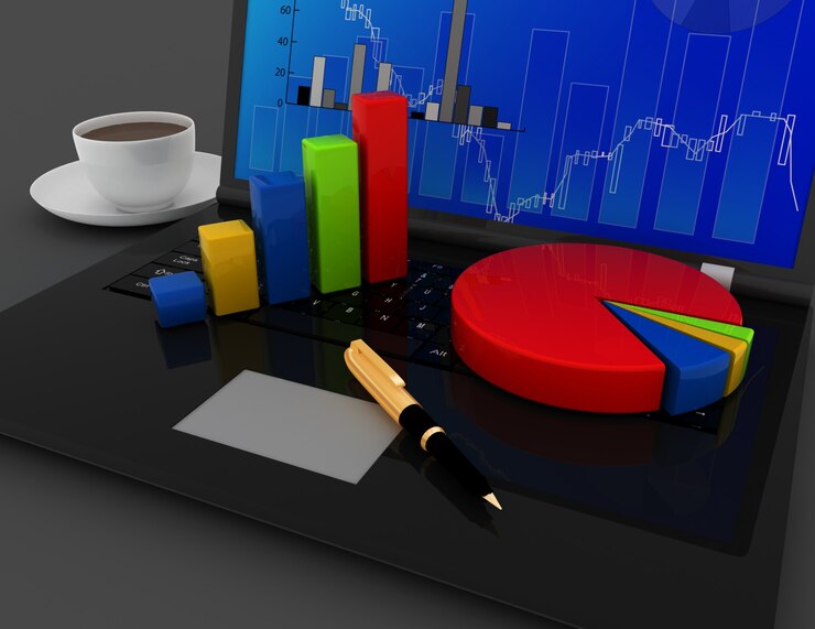 Foto concepto de oficina de negocios. gráficos y tablas en el teclado de la computadora portátil. 3d rindió la ilustración