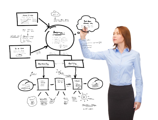 concepto de oficina, negocios y nueva tecnología - plan de dibujo de mujer de negocios sonriente en pantalla virtual