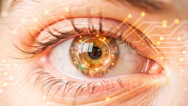 Concepto de ojo digital de alta tecnología con circuitos integrados que muestra la tecnología de biología de fusión
