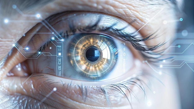 Concepto de ojo digital de alta tecnología con circuitos integrados que muestra la tecnología de biología de fusión
