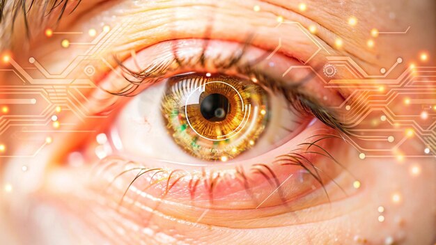 Concepto de ojo digital de alta tecnología con circuitos integrados que muestra la tecnología de biología de fusión