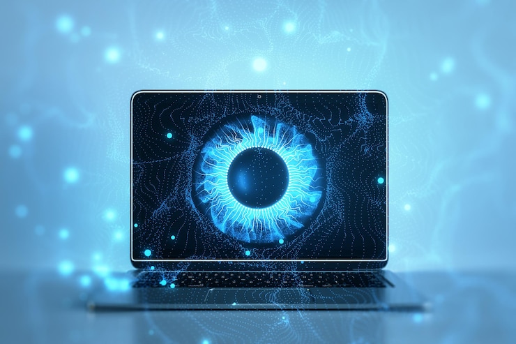Foto concepto de ojo digital en una pantalla de computadora que representa la visión por computadora y las redes neuronales concepto tecnológico de renderización 3d