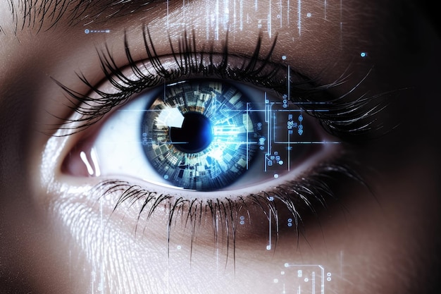 Concepto de ojo de mujer iris seguro futuro tecnología de identificación futurista visión digital escaneo por computadora