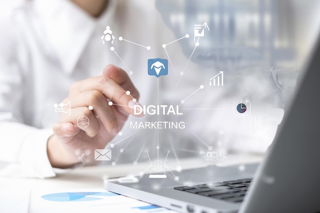 El concepto de optimización de motores de búsqueda SEO El hombre de negocios toca la IA
