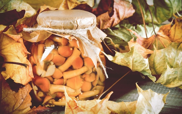 Concepto de otoño. Alimentos conservados en frasco de vidrio sobre tabla de madera. Las setas marinadas