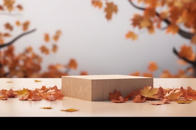 Concepto de otoño podio de madera vacío rodeado de hojas caídas sobre fondo blanco 3d render