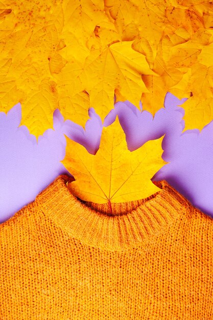 Concepto de otoño suéter de punto marrón plano y hojas de arce amarillas de otoño