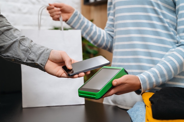 Foto concepto de pago sin contacto, cliente masculino con teléfono inteligente cerca de la tecnología nfc en el mostrador