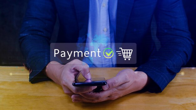 Concepto de pago en línea digital Negocios con pago en línea y compras pago en línea banca transferencia de dinero en línea Concepto de transferencia de pago bancario en línea confirmado