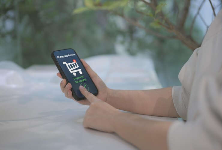 Foto concepto de pago en línea tecnología móvil y aplicación de compras en línea mano de mujer usando teléfono inteligente tocando el botón de pago aplicación de banca móvil órdenes de compra en el carrito de compras