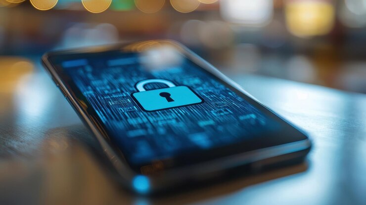 Concepto de pago seguro de comercio electrónico con icono de candado en la pantalla del teléfono inteligente Copiar espacio para texto