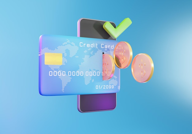 Concepto de pago con tarjeta de crédito en línea. Pago seguro en línea, concepto de pago y banca móvil, transferencia de dinero de protección, ilustración 3D