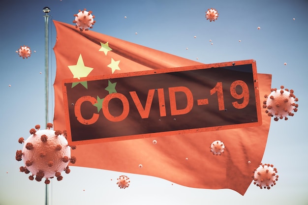 Concepto de un país en cuarentena con bandera china debido al coronavirus COVID19