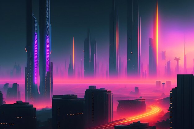 Concepto de paisaje Cyberpunk de ciudad nocturna