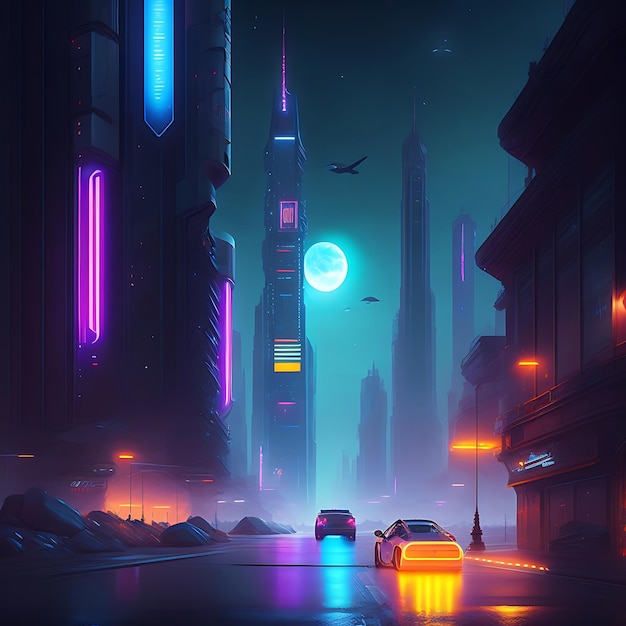 Concepto de paisaje Cyberpunk de ciudad nocturna