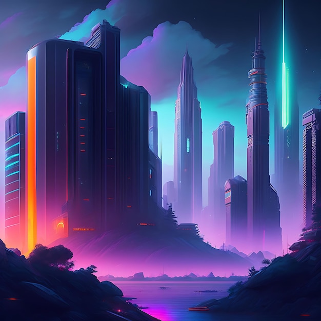 Concepto de paisaje Cyberpunk de ciudad nocturna