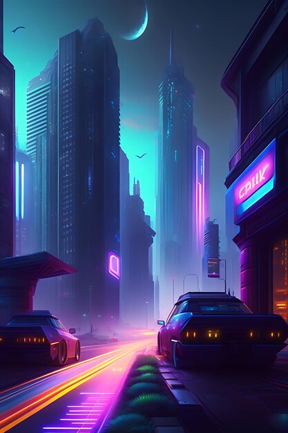 Concepto de paisaje Cyberpunk de ciudad nocturna