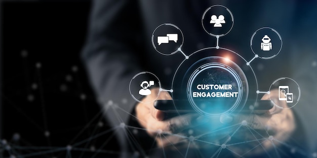 Concepto de participación del cliente Tecnología negocio de Internet y marketing Campaña de marketing y comunicación para dirigirse al cliente Mostrar la participación del cliente en el canal en línea y fuera de línea en digital