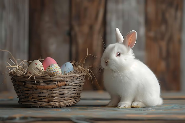 concepto de Pascua un conejo de Pascua esponjoso blanco sentado en una canasta con huevos de colores