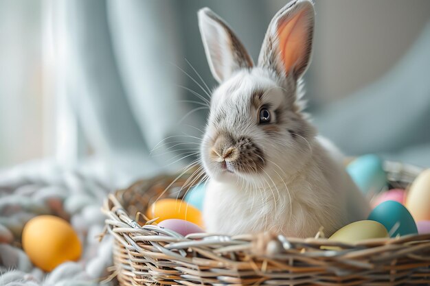 concepto de Pascua un conejo de Pascua esponjoso blanco sentado en una canasta con huevos de colores