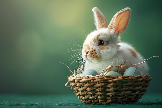 concepto de Pascua un conejo de Pascua esponjoso blanco sentado en una canasta con huevos de colores