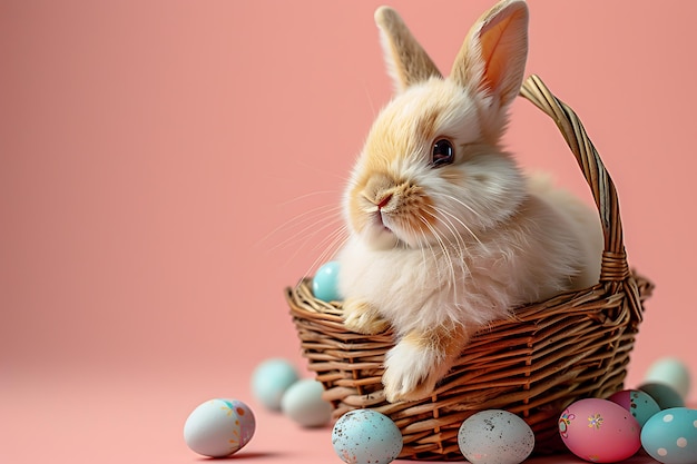 concepto de Pascua un conejo de Pascua esponjoso blanco sentado en una canasta con huevos de colores