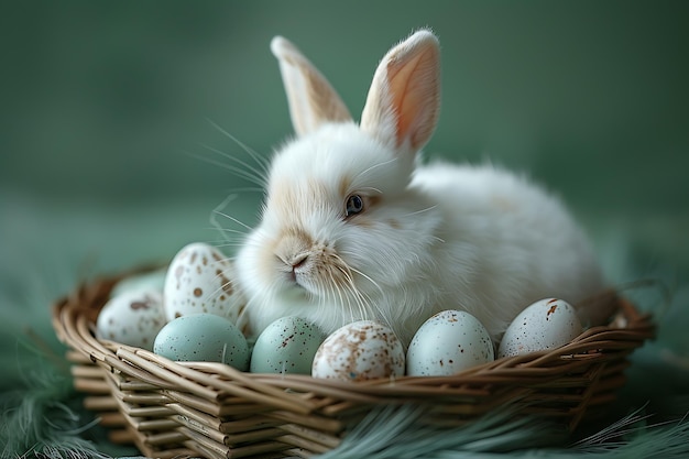 concepto de Pascua un conejo de Pascua esponjoso blanco sentado en una canasta con huevos de colores