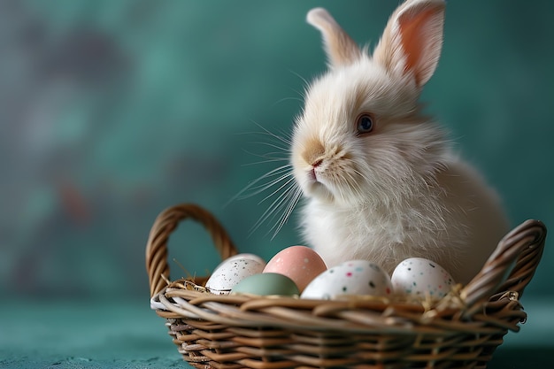 concepto de Pascua un conejo de Pascua esponjoso blanco sentado en una canasta con huevos de colores