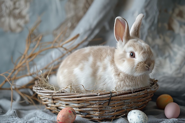 concepto de Pascua un conejo de Pascua esponjoso blanco sentado en una canasta con huevos de colores