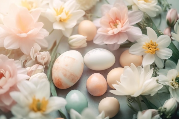 Concepto de Pascua feliz con huevos de Pascua en nido y flores de primavera sobre fondo claro Fondo de Pascua con espacio de copia