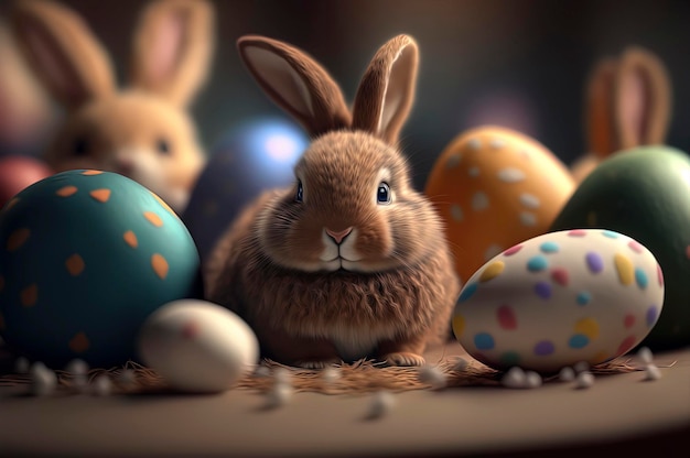 Concepto de Pascua Lindo conejito de Pascua sentado cerca de los huevos de Pascua