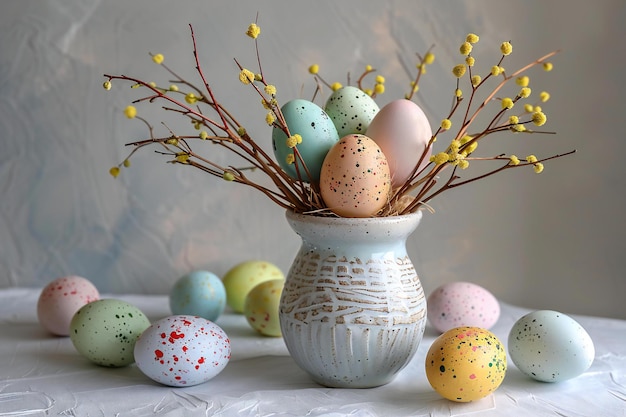 Concepto de Pascua ramas de sauce con huevos coloridos en jarrón de cerámica sobre fondo blanco espacio de copia f